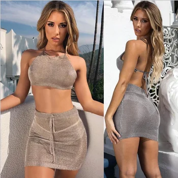 

2020 Summer Models Sexy Hanging Neck Straps Dew Backpack Hip Skirt Ladies Suit Fashion Bandage Top And Mini Skirt Sets