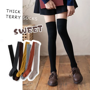

Women Autumn Winter Stockings Solid Color Warm Casual Socks Girls Sweet Style Show Thin Comfortable Cotton High Socks