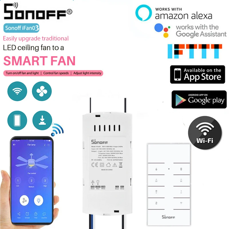 Sonoff IFan03 потолочный вентилятор управления Лер WiFi умный потолочный вентилятор с светильник пульт дистанционного управления с Alexa Google Home