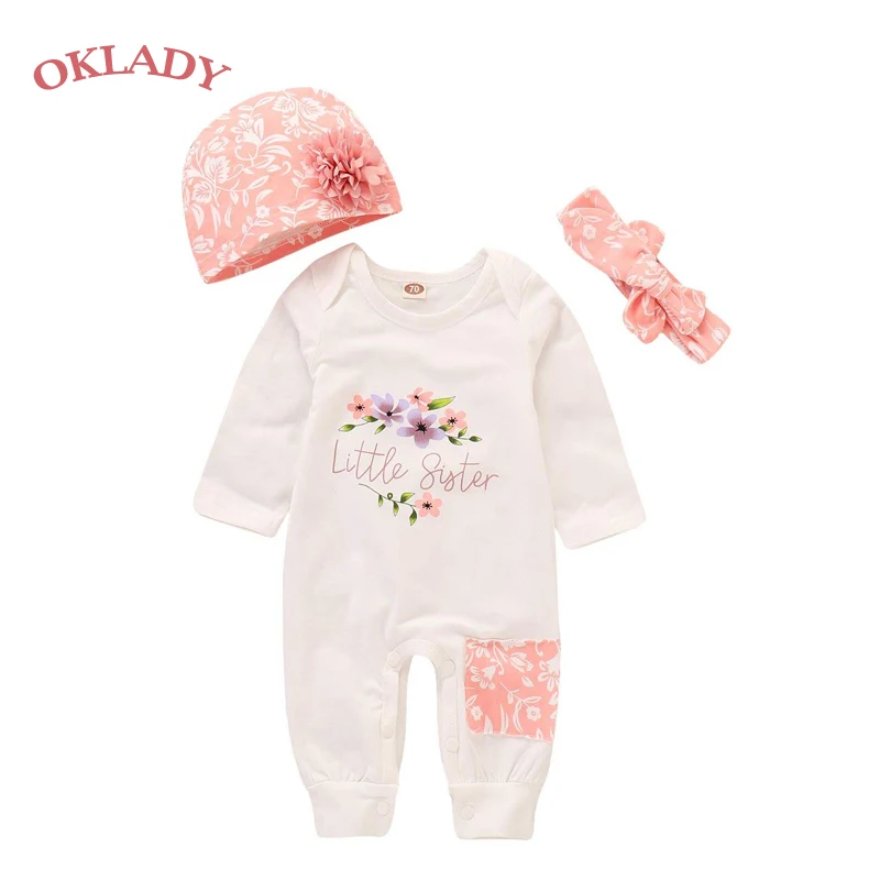 3pc Clothes Set Newborn Twins Baby Girl Long Sleeve Romper Bodysuit Floral Pants Headband Outfits