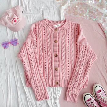 

4 Colors Spring Women Solid color Sweater Jacket Girls Loose autumn Wild Students Cute Cream Soft Sister Cardigan Knitted Coat