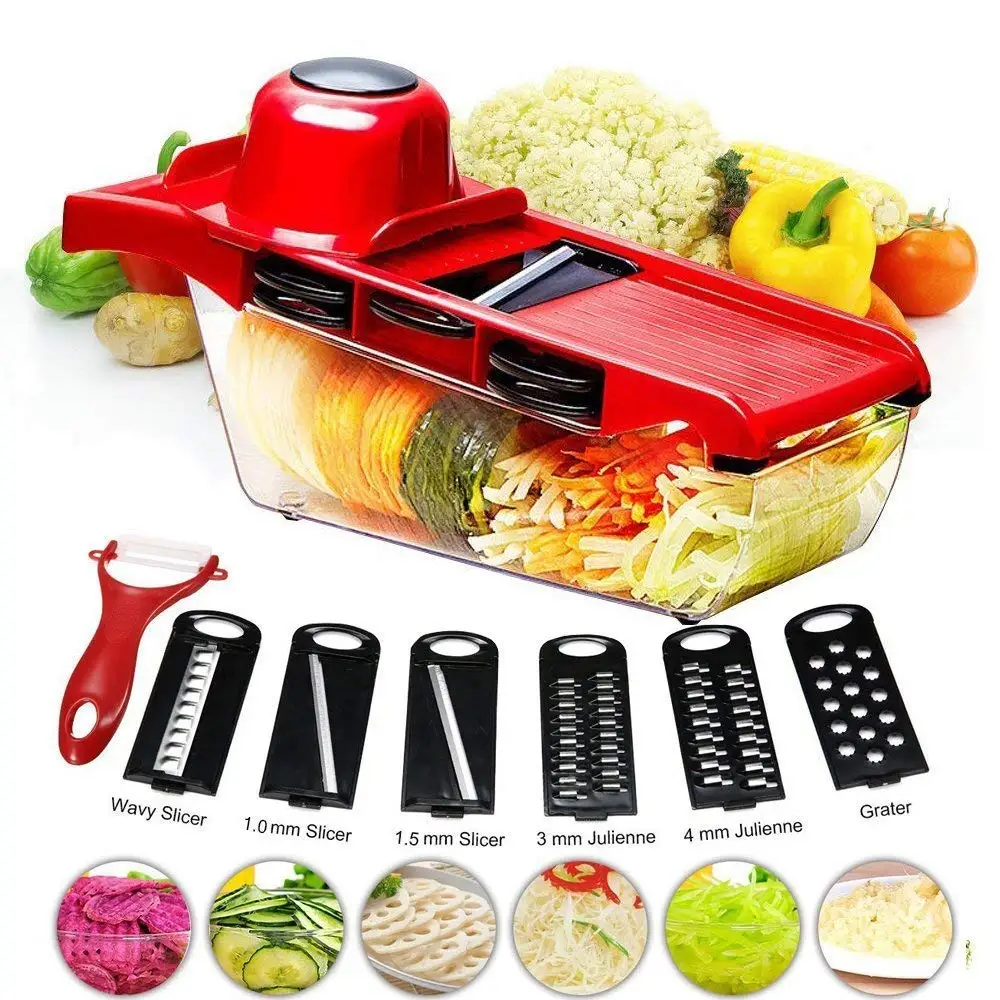 

Vegetable Cutter Food Slicer 6 Interchangeable Blades with Peeler Hand Protector Food Storage Container Cutter for Potato Onion