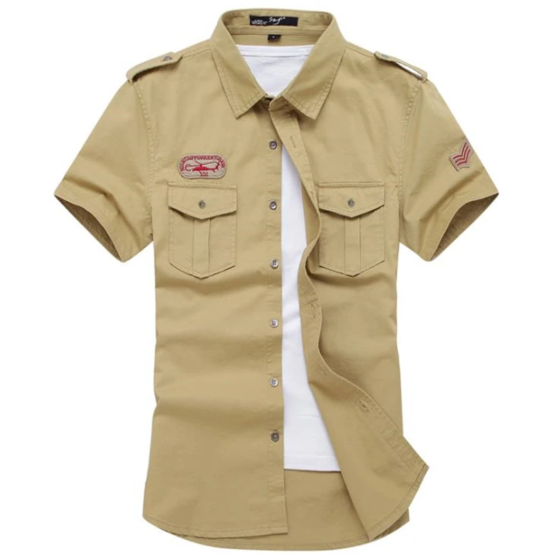 

Men 100% Cotton Military Shirt Casual Short Sleeve Embroidery Shirts Male Air Force T Shirt Summer Cargo Tops