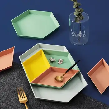 

4pcs Creative Colorful Tray Geometric Desktop Removable Plastic Fruits Dessert Snacks Plate Kitchen Storage Accessories