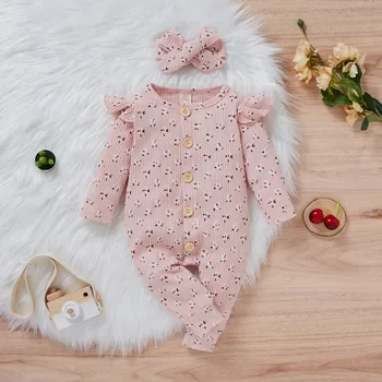 Newborn Baby Girls Romper Cotton Long Sleeve Floral Print Jumpsuit +Headband Sets Outfit Baby Fall Girl Clothing 6 9 12 18 Month 2