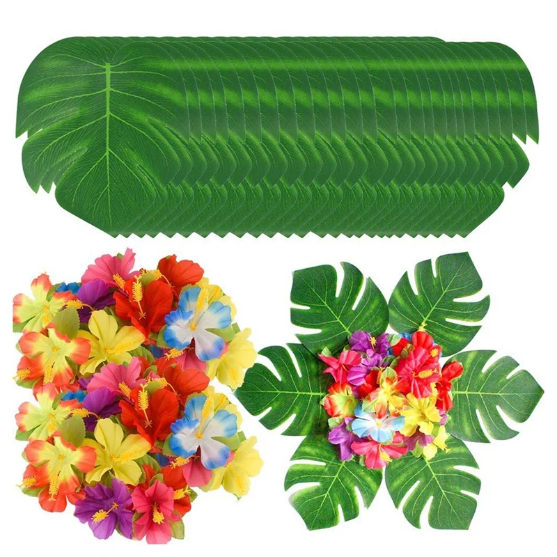 Best 90pcs Tropical Palm Leaves And Hibiscus Flowers, Artificial Leaves
