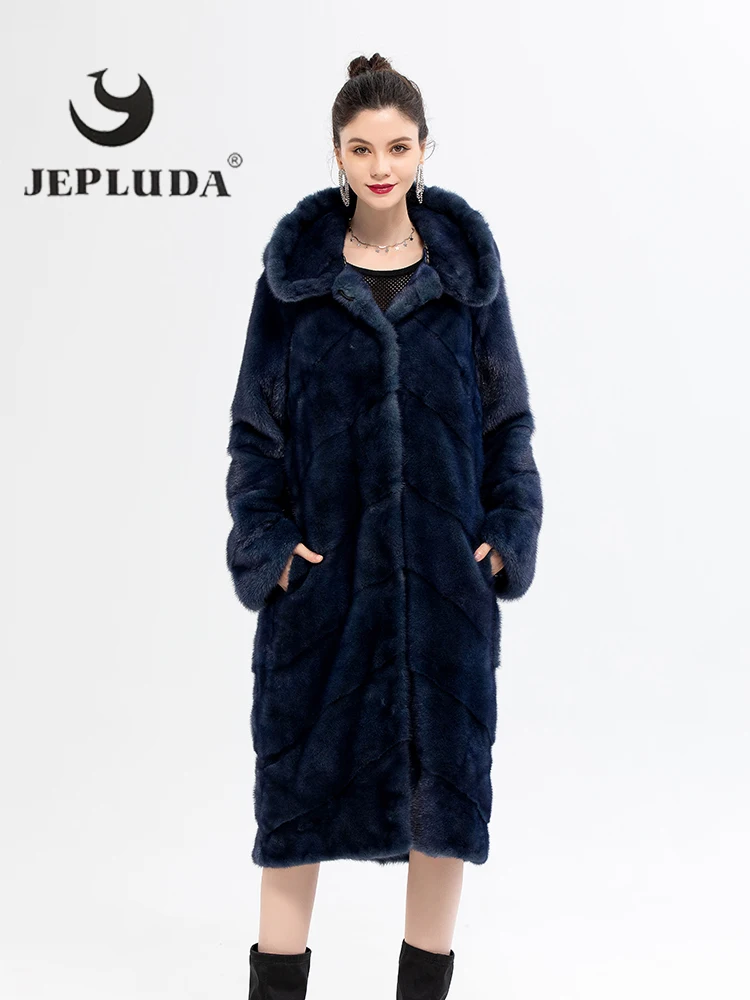 Jepluda 고급스러운 리얼 모피 코트 여성 소프트 따뜻한 풀 펠트 자연 여성 밍크 길게 후드 겨울 자켓 여성 리얼 모피 자켓