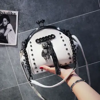 

Kiss Lock Shell Bag Bags Rivet Bear Fringe Women Shoulder Crossbody Bag TWO Straps PU Leather Chain Women's Handbags