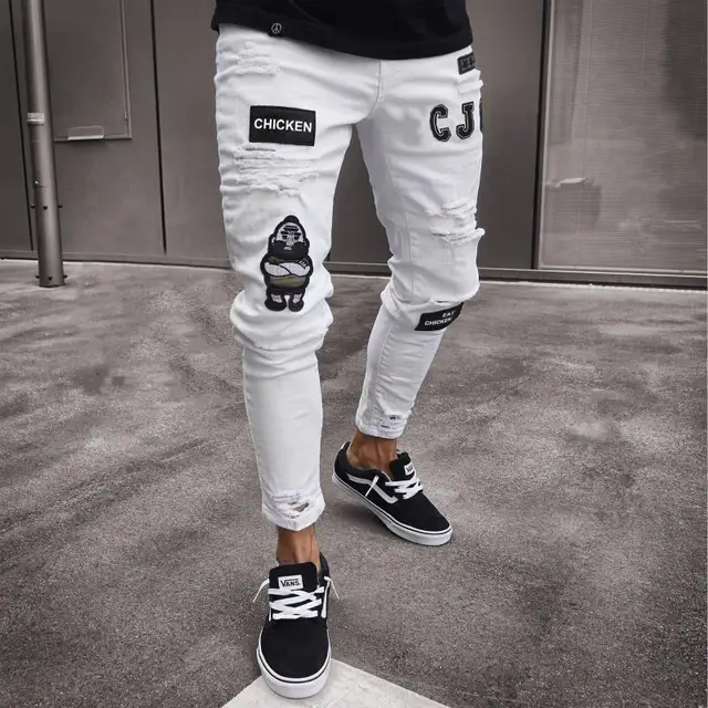 Men's Skinny Ripped Jeans Plaid Patchwork Denim Trousers Hip-Hop Print Jogging Pencil High Quality Denim Men Pants D807 White