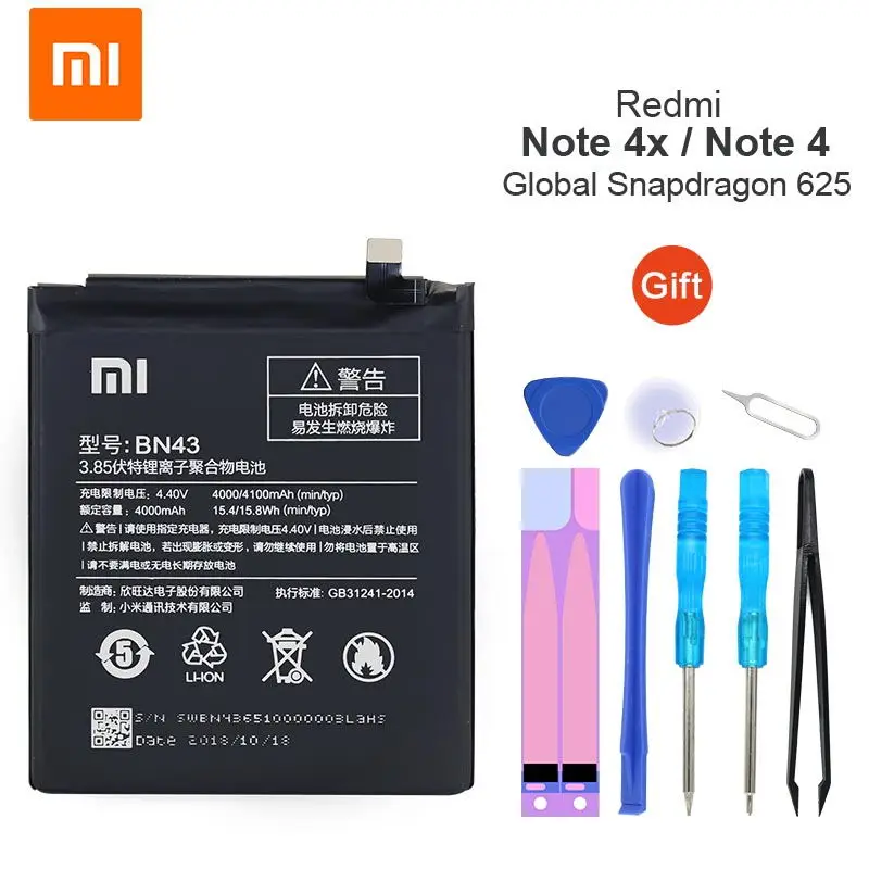 

Xiao Mi Original Battery BN43 4100 mAh for Xiaomi Redmi Note 4X / Note 4 global Snapdragon 625 Phone Replacement Batteries