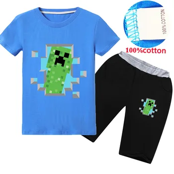 

a020 kids Boys Girls autumn suit Minecrafters Cartoon Clothes Sweatshirts Short sleeve +trousers Christmas Shirt Game Creeper