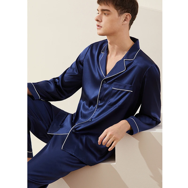 Men Real Silk Pajamas Set Sleepwear Loungewear Long Sleeve Button Down PJ with Pocket Luxury 19 Momme