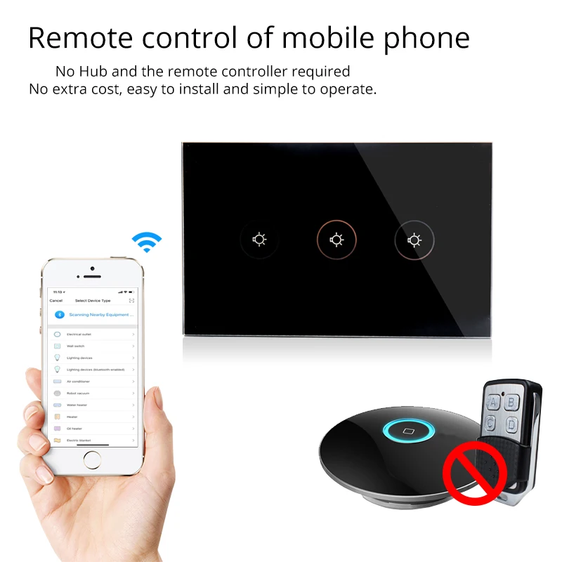 Wifi Smart Wall Switch Socket US Standard 3 Gang Glass Panel APP Remote Control No Hub Required for Smart Life AC 100-240V