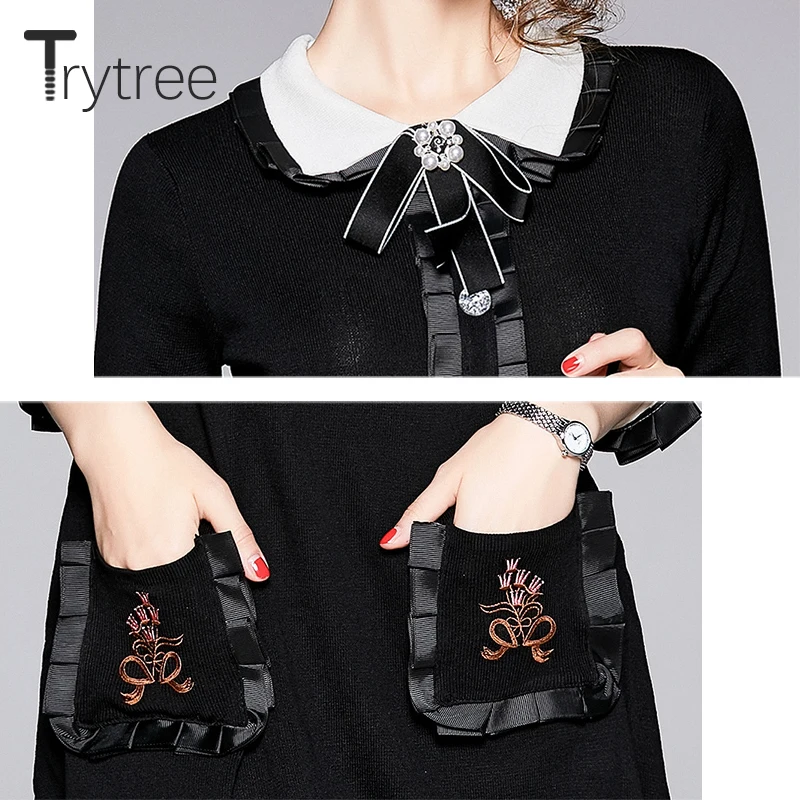 Trytree Autumn Winter Women Dress Casual Peter pan Collar Bow Embroidery Pocket Shirt Dresses Knitting Black Straight Mini Dress