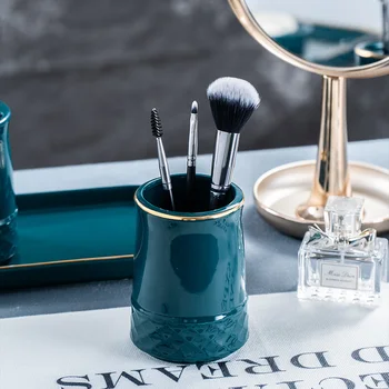 

Simple Art Luxury Phnom Penh Ceramic Malachite Green Pen Holder Home Marble Pattern Makeup Brush Pearl Storage Jar High-end Gift