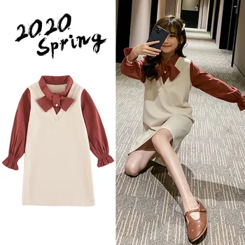 

Fashion Spring Girls Sweatshirt Dress 10 To 12 Years 2020 Fake two bow ties Patchwork Clothes Teenage Long Sleeve Dresses Elegan