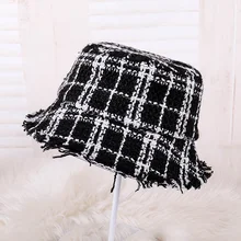 Черная клетчатая Панама, простая элегантная Складная Кепка для раковины, модная уличная солнцезащитная Кепка, индивидуальная Повседневная Кепка с кисточками