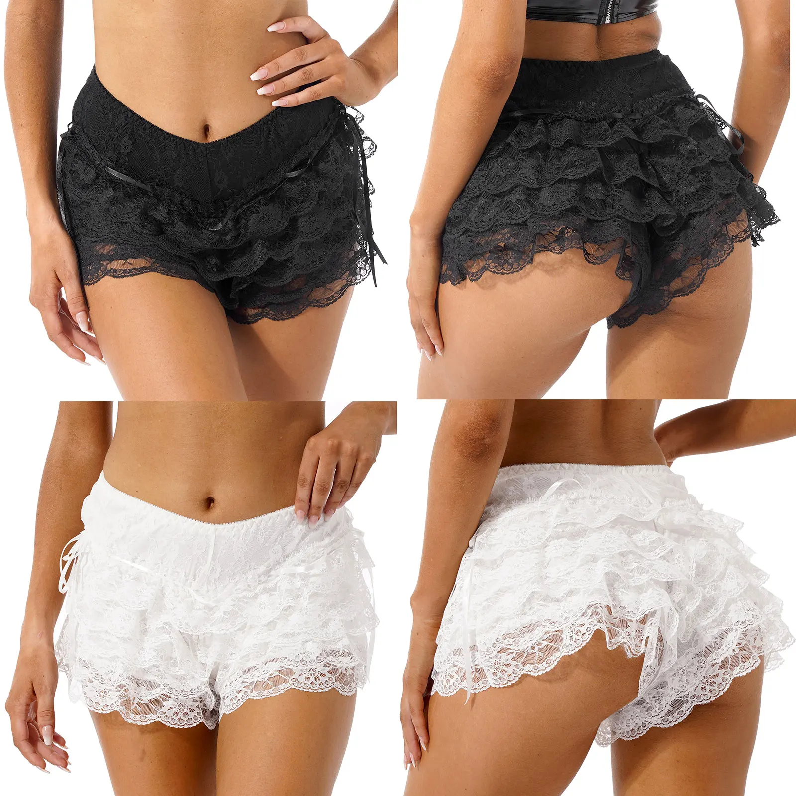Womens Girls Layered Floral Lace Lingerie Underwear Ruffled Safety Panty Lolita Sissy Shorts Knickers Security Short Pants