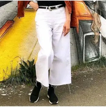 

Women High Waist Zippers Wide Leg Pants Loose Long Streetwear White Pant Casual Pockets Ankle-Length Pants