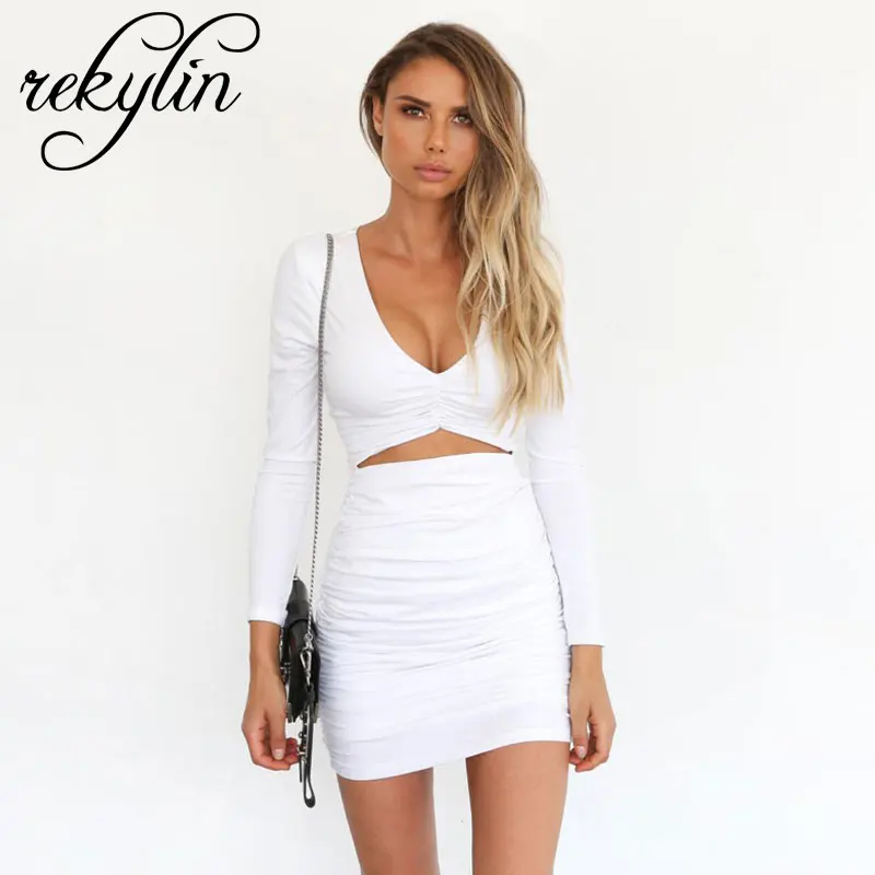 

Fashion Women Summer Long Sleeve Bandage Stretch Bodycon Plain Deep V Evening Party Short Dress Beige Black Green Red