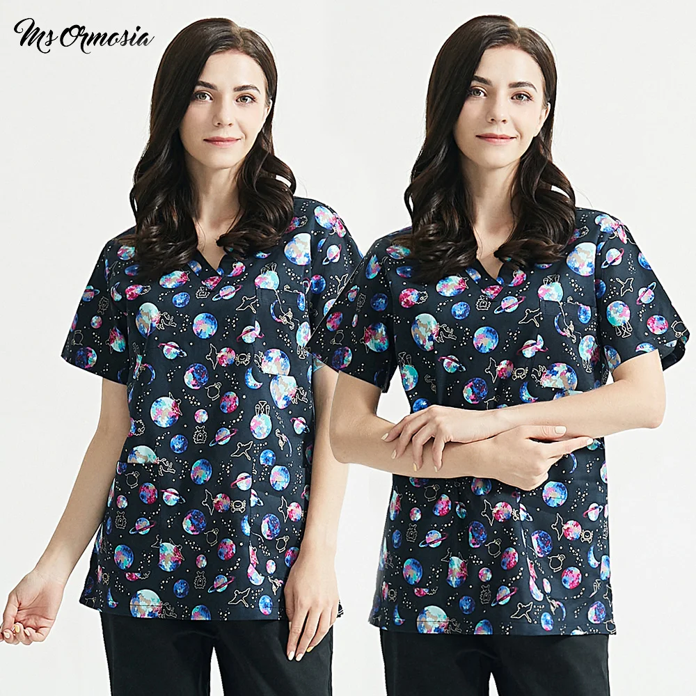

Starry sky Printing scrubs tops S-XXL High quality Short-sleeved pet grooming work tops/pants V-neck lab scrubs suits men women