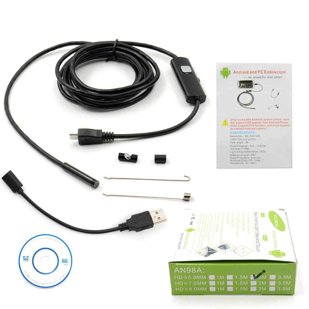 Endoscopio de inspección para teléfono Android y PC, lente de 5,5mm, 1m, 2m, 3,5 m, 720P, HD, USB, impermeable, 6 LED, cámara boroscópica