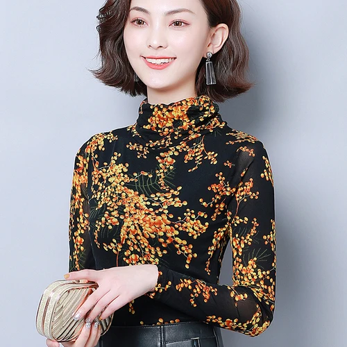 

2019 Autumn New Style Popular Elastic High Collar Exquisite Printed Women Simple Elegant Temperament Slim Female Bottoming Shirt