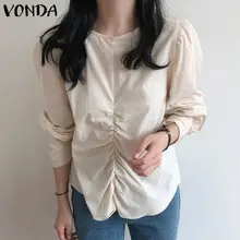 

OL Office Blouse 2022 VONDA Women Casual O Neck Long Puff Sleeve Solid Blouse Vintage Retro Bohemian Blusas Femininas Oversized