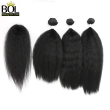 Кудрявые прямые волосы пряди с закрытием Синтетические пряди для наращивания волос для Для женщин натуральные черные волосы 4 шт./упак. 16-20 дюймов углеродного волокна