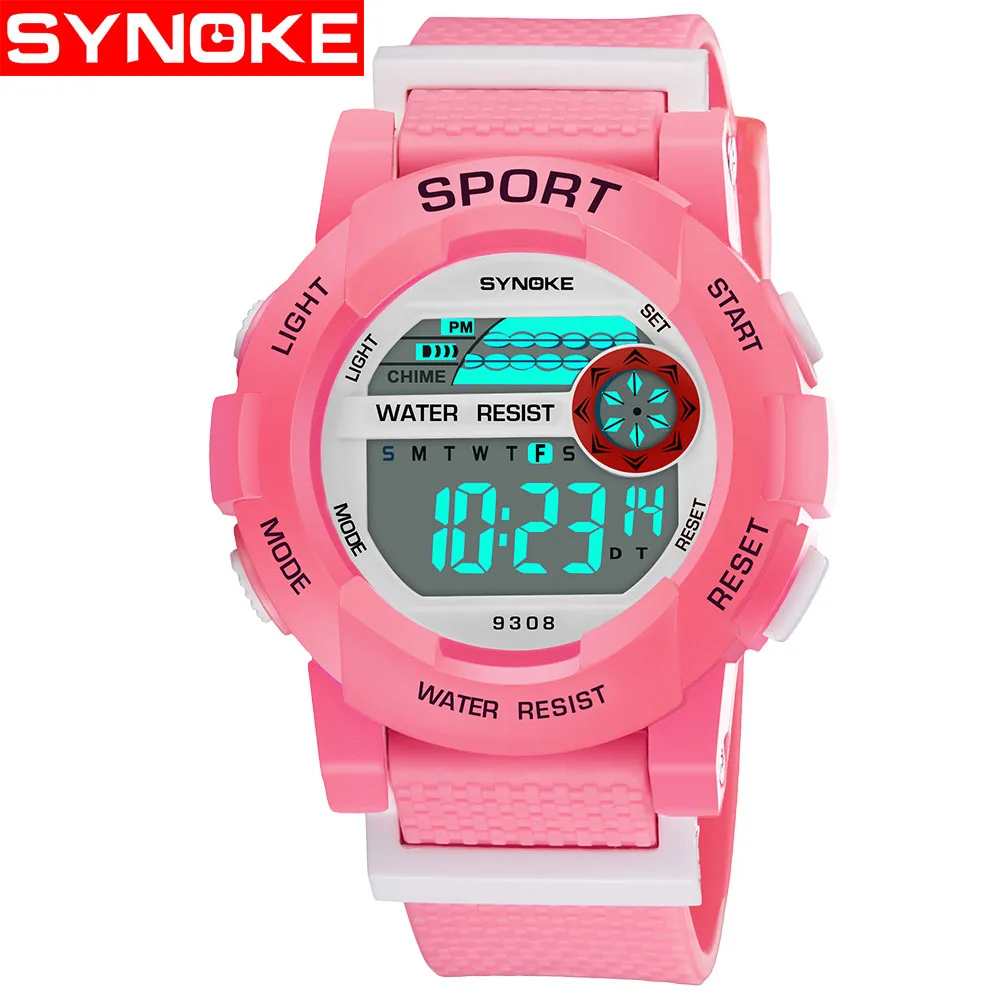 Pink SYNOKE, детские цифровые часы для мальчиков, синие Водонепроницаемые светодиодные спортивные ударные часы с будильником, часы с датой, студенческий подарок, цифровые часы - Цвет: Pink