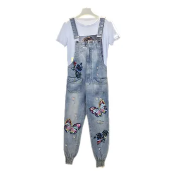 

Women Denim Jumpsuit Ladies Spring Fashion Loose Jeans Rompers Beaded Sequins Butterfly Female Casual Plus Size Overall Playsuit