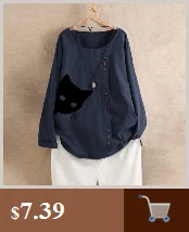 Женская Осенняя модная Льняная блуза с принтом кота размера плюс, повседневный Свободный Топ с круглым вырезом и пуговицами, женская рубашка с длинным рукавом, пуловер