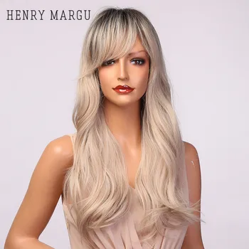 

HENRY MARGU Long Synthetic Natural Wigs with Bangs Wavy Blonde Dark Root Hair Wigs For Women Heat Resistant Daily Cosplay Wigs