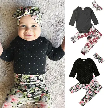 

CANIS Autumn 3PCS Infant Baby Girls Outfits Long Sleeve Romper+Floral Printed Pants Set Toddler Clothes Tracksuit