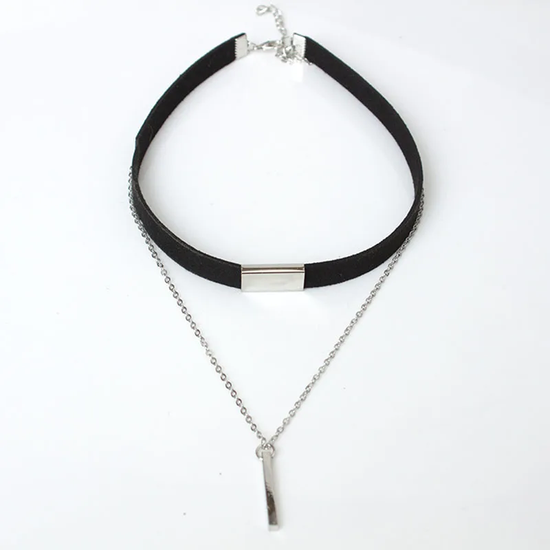 Black Silver Новинка, Черный Бархатный чокер, ожерелье, Полоска, веревка, цепь, квадратная труба, Полоска, чокер, женский воротник, mujer collier femme ras du cou - Окраска металла: Black Silver