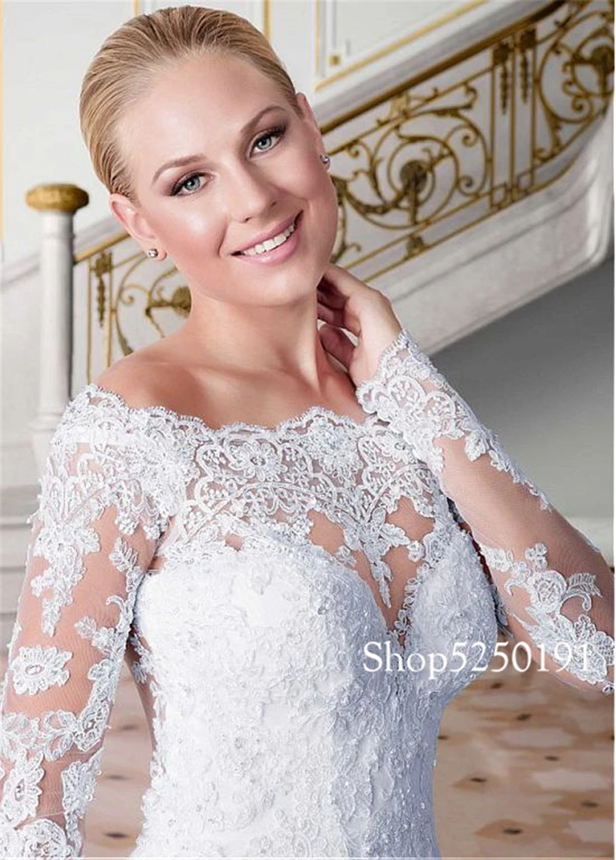 Изысканное Тюлевое свадебное платье трапециевидной формы с открытыми плечами, с длинными рукавами, с кристаллами, чисто белое бразильское свадебное платье