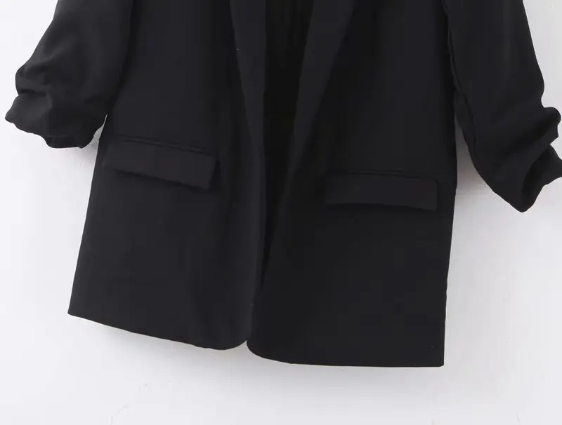 Женский Элегантный дизайнерский блейзер с плиссированными рукавами, зубчатый воротник, открытая стежка, длинный рукав, Женская Повседневная стильная верхняя одежда, пальто CT361