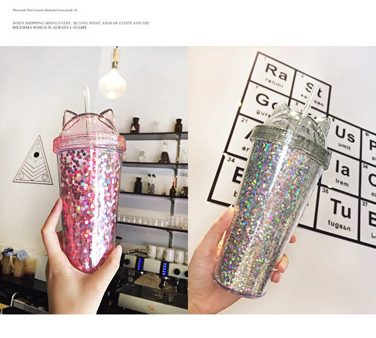 Double Layer Pipette Cup With Flash In The Shape Of Cat's Ear Candy Colors Tea Juice Coffee With Lid Straw Water Bottle Cups