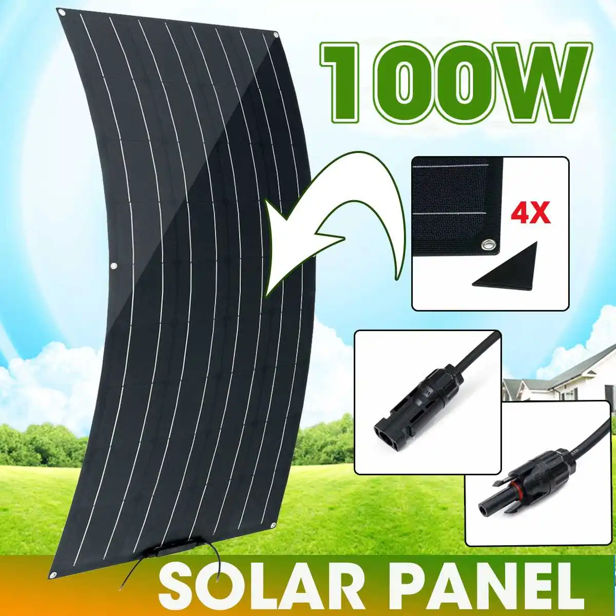 Новейшая модель; 100W Панели солнечные матовая текстура с 4 защитные уголки солнечных батарей модуль MC4 разъем для 12 В аккумулятора автомобиля RV Yacht Зарядное устройство