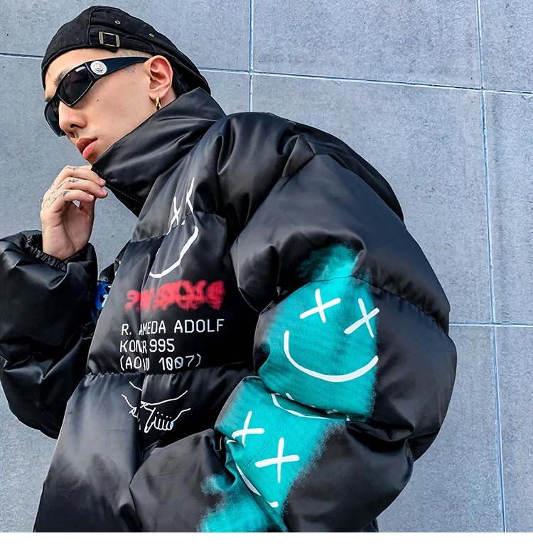 LENSTID мужская уличная куртка в стиле хип-хоп с принтом улыбающегося лица, теплая плотная стеганая куртка, ветровка, зимняя верхняя одежда, парка, хипстерская одежда по аниме Harajuku, пальто