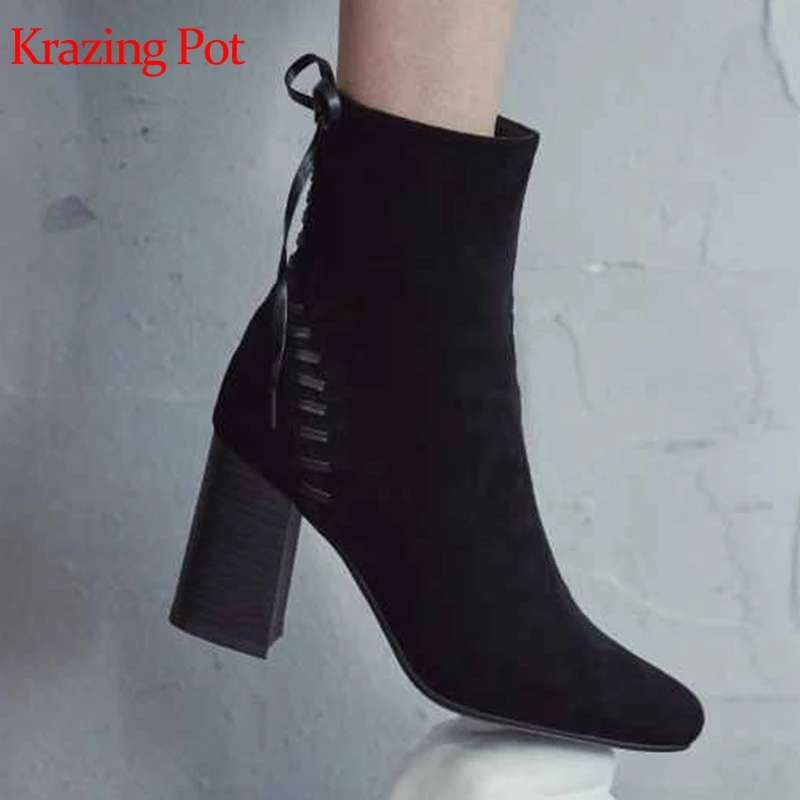 

Krazing pot flock material round toe sewing decoration runway model high quality back butterfly-knot high heels ankle boots L29