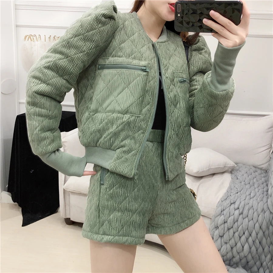 ALPHALMODA, новинка, женское короткое пальто+ тонкие шорты с высокой талией, Толстый модный костюм из двух предметов, зимний стильный комплект куртка+ шорты