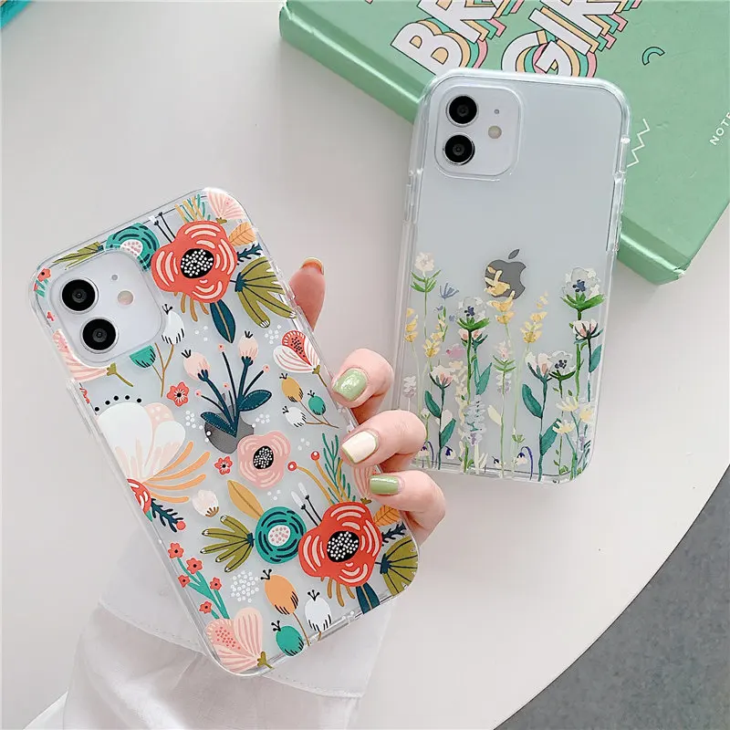 Vintage Painted Flowers Transparent Phone Case For iPhone 12 11 Pro Max XS Max X XR 7 8 Plus 12 Mini Soft Shockproof Back Cover