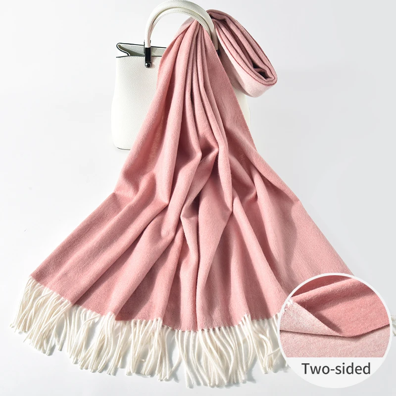 Осень зима чистый шерстяной шарф для женское утепленное плотное кисточки шерсть шаль обертывания Женские Двухцветные шерстяные шарфы два размера