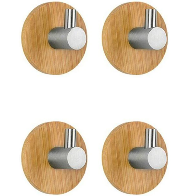 

4Pcs L Shaped Adhesive Hooks Bamboo Wood & Stainless Steel Wall Hangers For Clothes Towel Holder For Home Kitchen