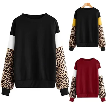 

Vicabo Fashion Leopard Sleeves Color Patchwork Pullover Womens Autumn Winter Casual Daily Loose Tops S-2xl Black Red Sweatshirts