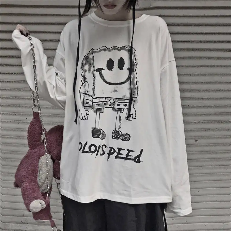 Осенние футболки в стиле Харадзюку с принтом лягушки в стиле хип-хоп, белые повседневные женские блузки с длинными рукавами и круглым вырезом, женские блузки с забавным принтом, Япония - Цвет: 7