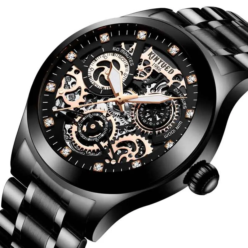 KINYUED Механические Мужские часы-Скелетон Tourbillion мужские s часы Автоматические Мужские Роскошные Брендовые Часы водонепроницаемые золотые montre homme - Цвет: Black Steel