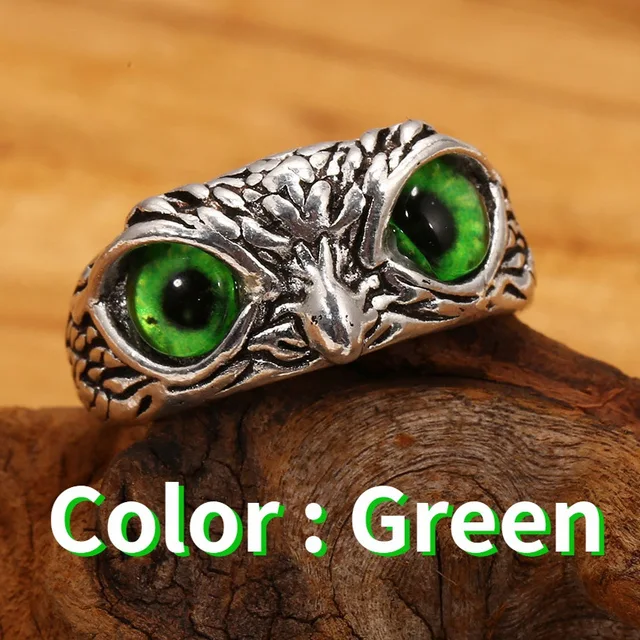 YADELAI Charming Fashion Owl Ring Vintage Man and Women Alloy Blue Eyes Owl Ring Versatile Argent  Adjustable Creativering Ring 6564 green eyes
