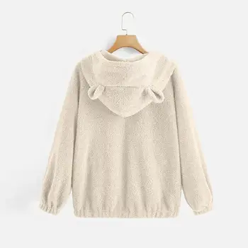 

Women's Casual Solid Color Long Sleeve Bear Ears Zip Pocket Hooded Jacket Coat
